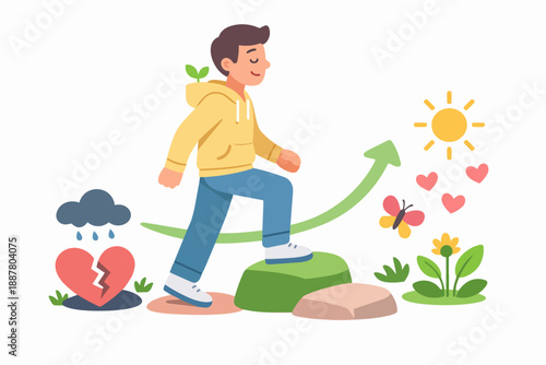 Person taking steps from sadness to happiness and mental well-being recovery journey