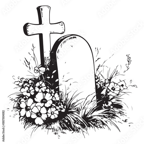 Gravestone silhouette vector set, black tombstone icons with grass, cemetery elements for Halloween, memorial design, spooky clipart, religious symbols, RIP graphics