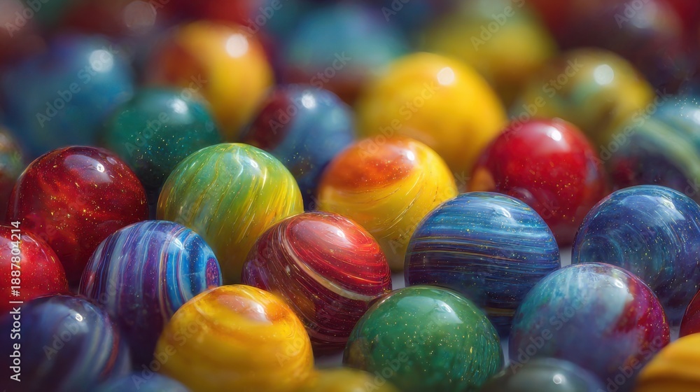 Fototapeta premium Macro Close-Up of Vibrant Colorful Glass Marbles with Swirl Patterns