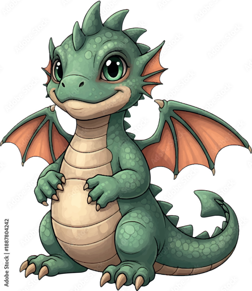 Fototapeta premium cute green dragon with big eyes and wings.