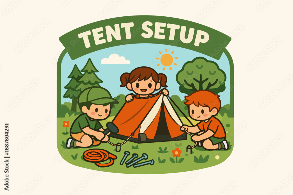Fototapeta premium Children setting up a camping tent together outdoors, learning teamwork