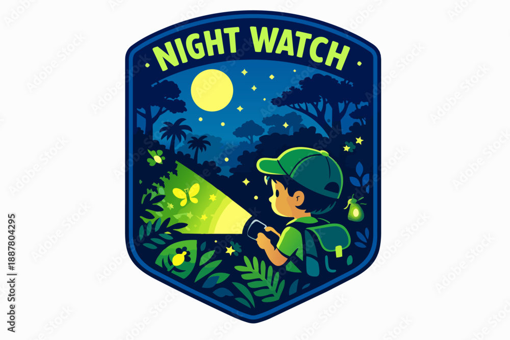 Fototapeta premium Night watch badge with boy exploring forest at night using flashlight