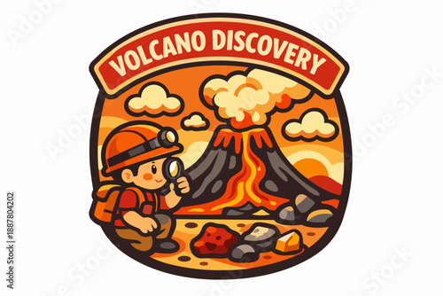 Geologist explorer discovering volcano eruption with lava, smoke and rocks cartoon badge