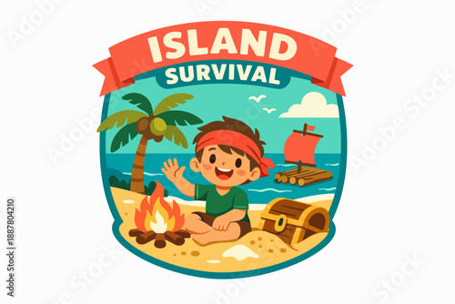 Boy on a tropical island with palm tree, campfire, treasure chest, and raft