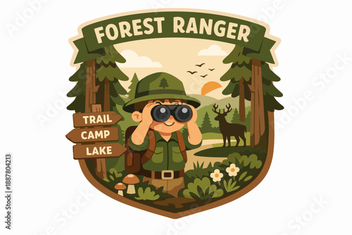 Forest ranger observing wildlife in a natural park with directional signs