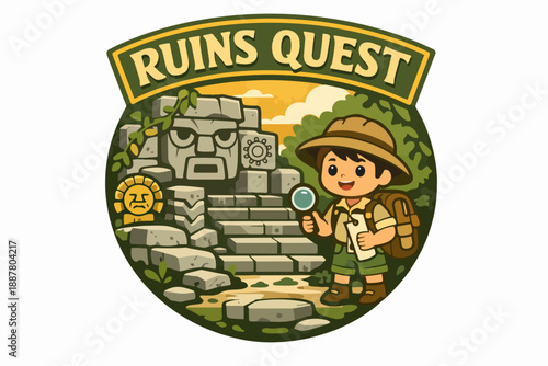 Explorer boy finding ancient ruins, questing for discovery in jungle temple