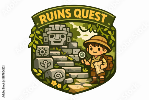 Adventurer exploring ancient temple ruins in jungle quest logo for discovery and history