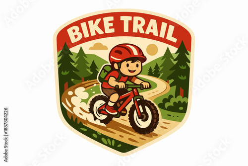 Boy mountain biking on a trail in a forest park badge design