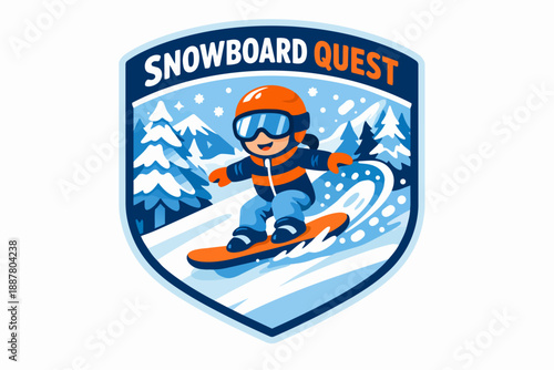 Snowboard quest logo badge featuring a happy child snowboarding on a winter mountain