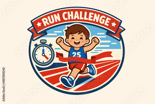 Happy boy achieving victory in a run challenge race, crossing the finish line