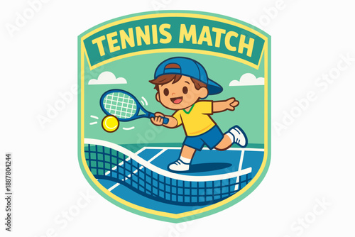 Little boy playing tennis match in a cartoon badge, enjoying sport and competition