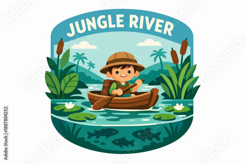 Boy exploring tropical jungle river in a boat, adventure and nature expedition logo