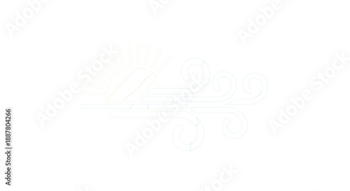 Abstract line art illustration depicting a serene natural landscape with a rising sun over mountains and elegant wind swirls, symbolizing tranquility, new beginnings, and the gentle forces of nature