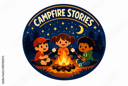 Children enjoying campfire stories and roasting marshmallows during a night camp