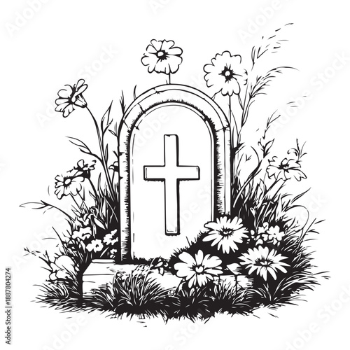 Gravestone silhouette vector set, black tombstone icons with grass, cemetery elements for Halloween, memorial design, spooky clipart, religious symbols, RIP graphics