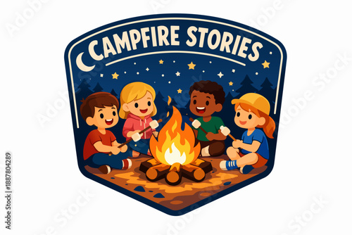 Campfire stories emblem with diverse kids roasting marshmallows under starry sky