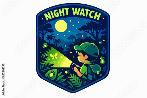 Night watch badge with boy exploring forest at night using flashlight