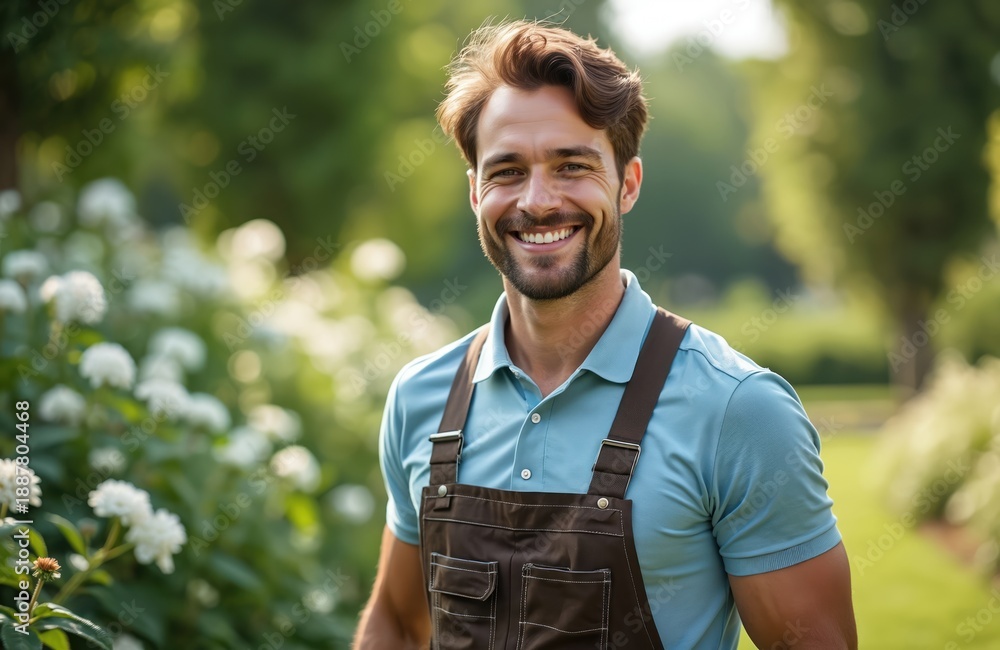 Fototapeta premium Smiling man in garden overalls stands among green plants and white flowers. He looks at camera with a happy expression. Sunny day shows lush foliage and pathways in background.