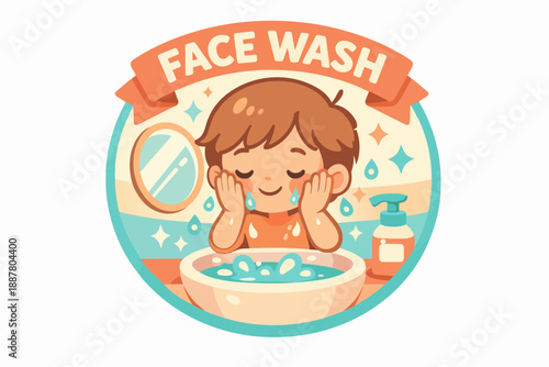 Little boy washing his face, morning hygiene routine for kids skincare