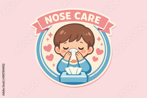 Cute cartoon boy blowing nose into tissue for flu and allergy prevention