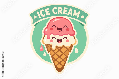 Cute ice cream scoops enjoying the summer, melting deliciously in a waffle cone