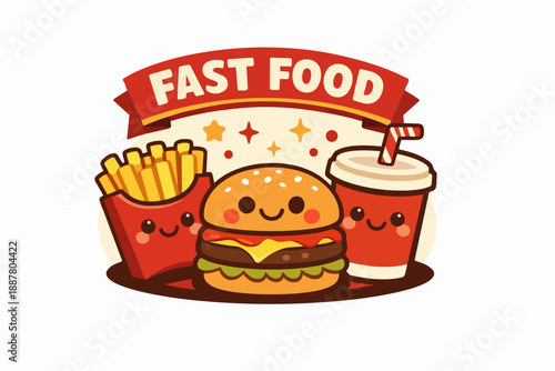 Fast food banner featuring cute cartoon burger, french fries, and soda characters