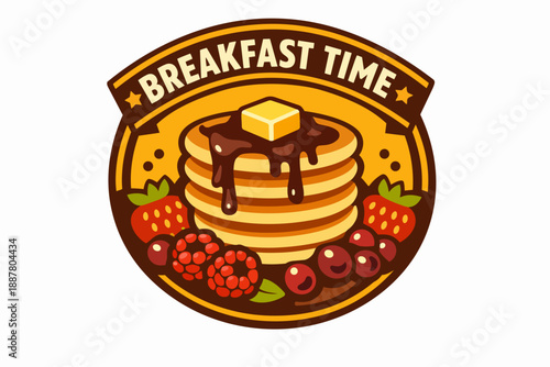Breakfast time logo featuring pancakes, berries, butter, and maple syrup