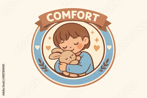 Boy holding a plush bunny, feeling comfort and love, a gentle illustration