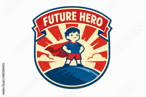 Cartoon child wearing superhero cape with future hero text on emblem