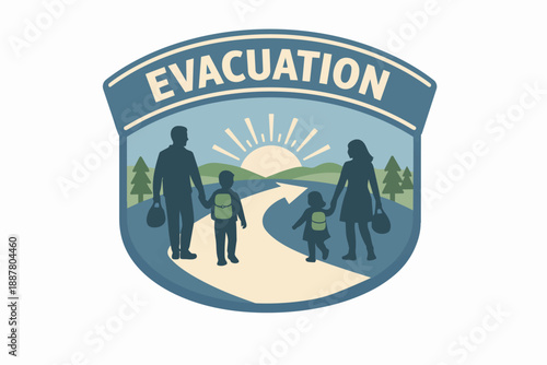 Evacuation badge showing family leaving home for safety with rising sun