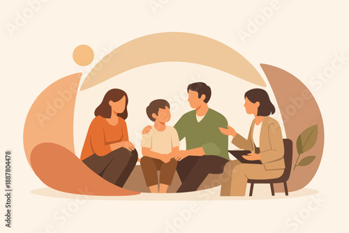 Family having counseling session with psychologist, receiving mental health support