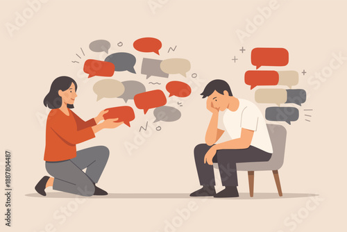 Woman offering support and good advice to upset man dealing with stress and problems