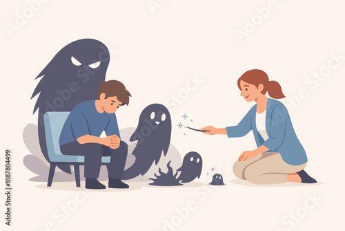 Therapist helping man overcome mental health issues, reducing anxiety and stress