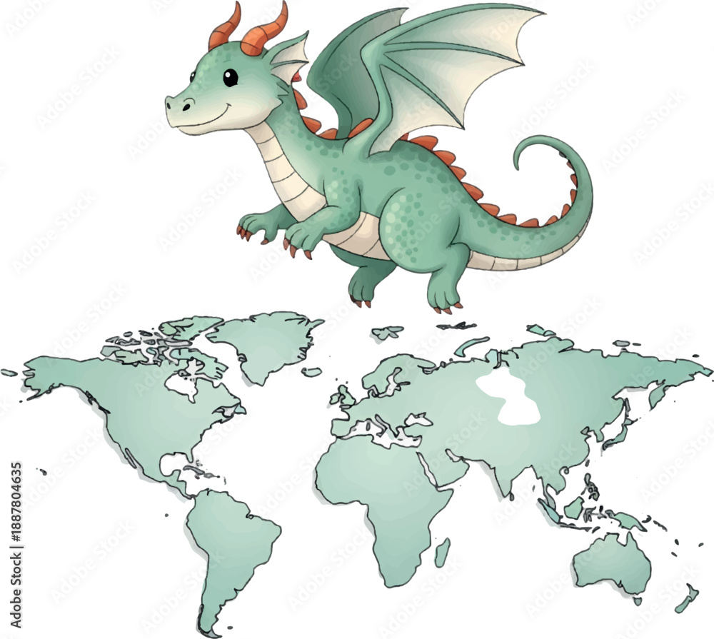 Obraz premium green dragon flying over world map.
