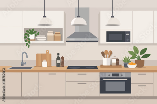 Modern kitchen interior with appliances and stylish furniture, home renovation concept