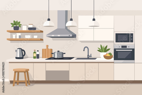 Minimalist modern kitchen interior with appliances and stylish furniture