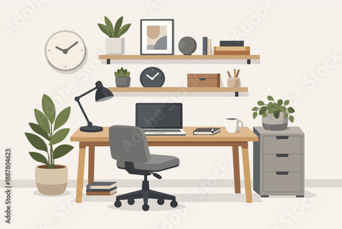 Modern home office workspace design with laptop, desk, and indoor plants