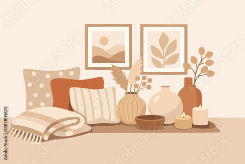 Cozy neutral boho interior decor with cushions, throw, vases, and abstract art