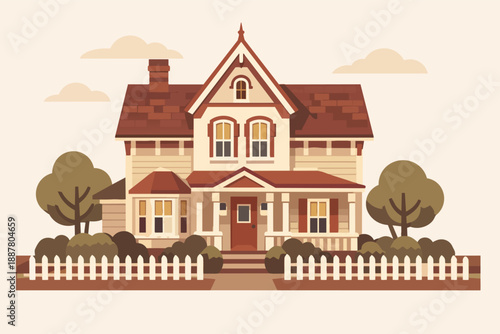 Suburban victorian house illustration with picket fence, trees, and clouds