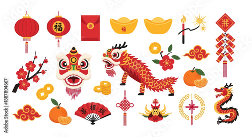 Chinese New Year celebration symbols: dragon, lanterns, red envelopes, gold, firecrackers