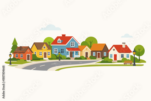 Residential neighborhood street with colorful houses, trees, and streetlights illustrating community living