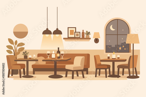 Cozy restaurant interior at night, creating an inviting ambience for dining