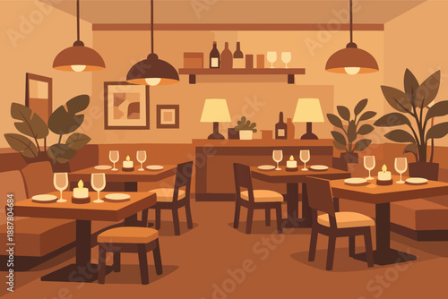 Restaurant interior with warm lighting, dining tables, and cozy atmosphere design