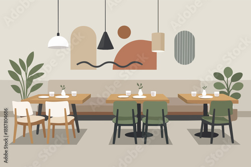 Modern cafe interior featuring empty tables and chairs with a trendy aesthetic