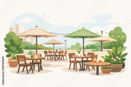 Outdoor cafe terrace with tables and umbrellas offering a relaxing summer dining experience