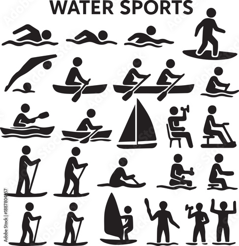 Black and White Vector Icons of Various Water Sports Activities