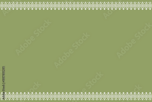 Green and white geometric folk double border pattern with pixel-style ornaments and wide open central space. Suitable for textile panels, fabric borders, framed layouts, wallpapers, and background des