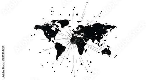 Global connections world map illustration with lines and dots, symbolizing international travel, communication, and business network on white background