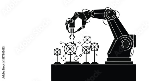 Industrial robotic arm assembling molecular structure with robotic gripper in futuristic factory setting with white background