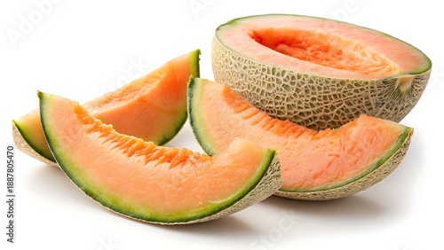 Close-up of ripe melon slices with moist surface and vibrant flesh, studio isolated on white.